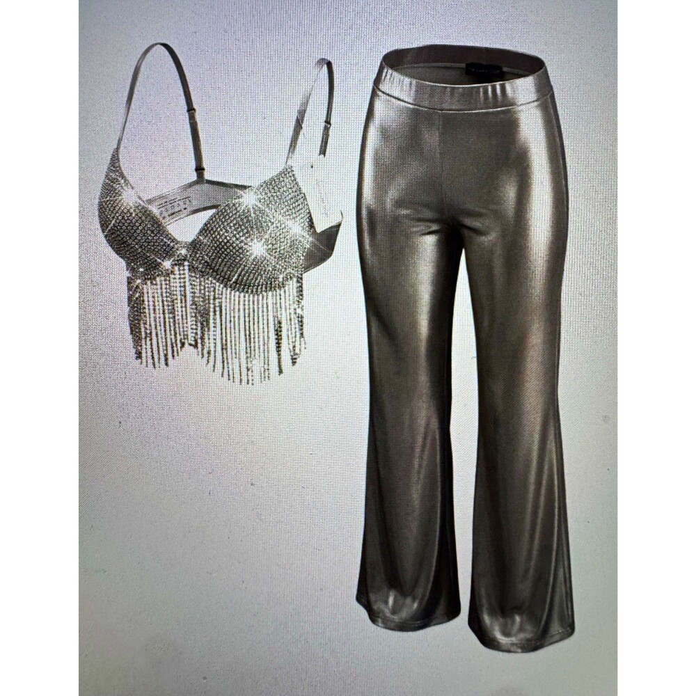 Space Cowgirl Vegas Showgirl Alien Costume Set L Rhinestone Fringe Bra Pants NWT
